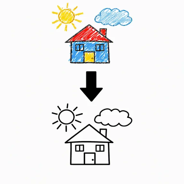 A child's wobbly crayon drawing of a house on the left and the same house redrawn as crisp clean black line art on the right