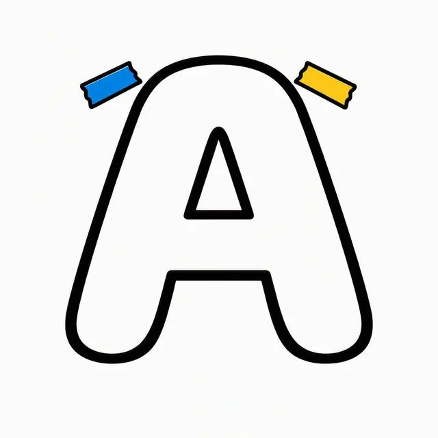 A giant blank outlined capital letter A taped to a wall with two strips of colored tape, waiting to be colored in