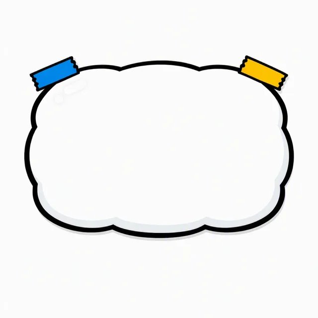 A big blank puffy bubble shape taped to a wall with two strips of colored tape, waiting to be colored in