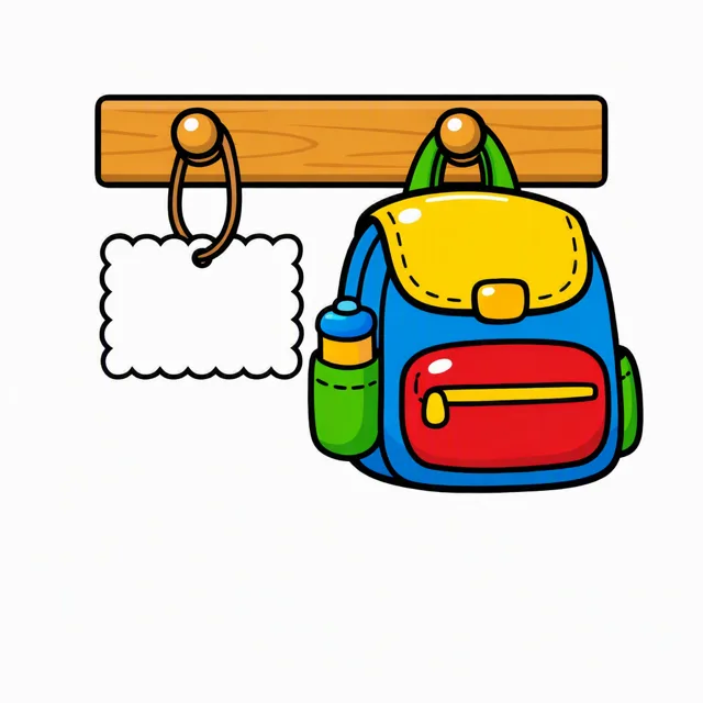 A blank scalloped paper name tag hanging from a wooden coat peg beside a child's backpack