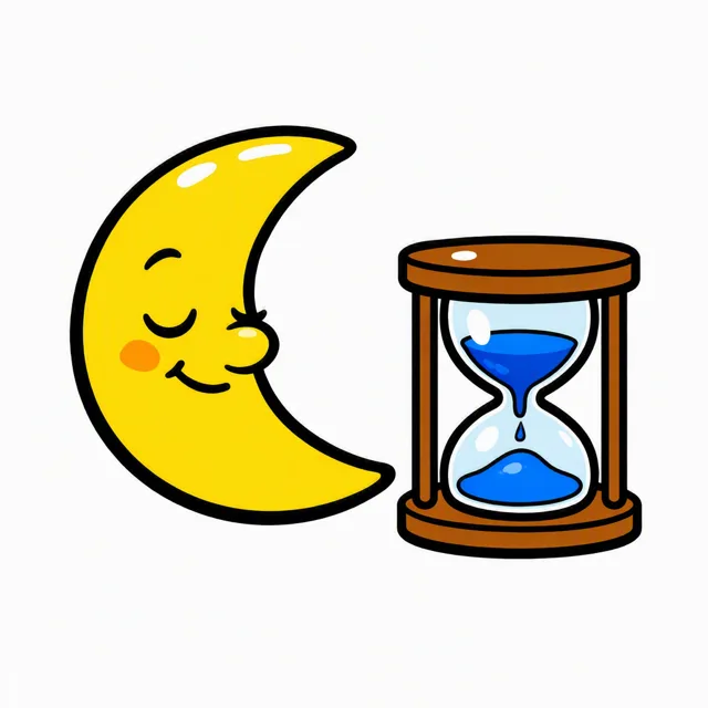 A crescent moon with a sleepy smiling face beside a wooden hourglass with blue sand running through it