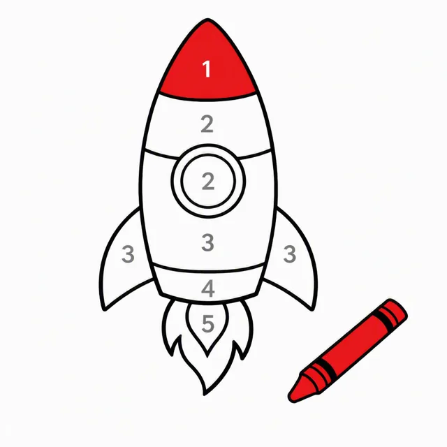 A rocket color-by-number page with each section numbered 1 to 5, its nose cone already filled red, with a crayon resting on the page