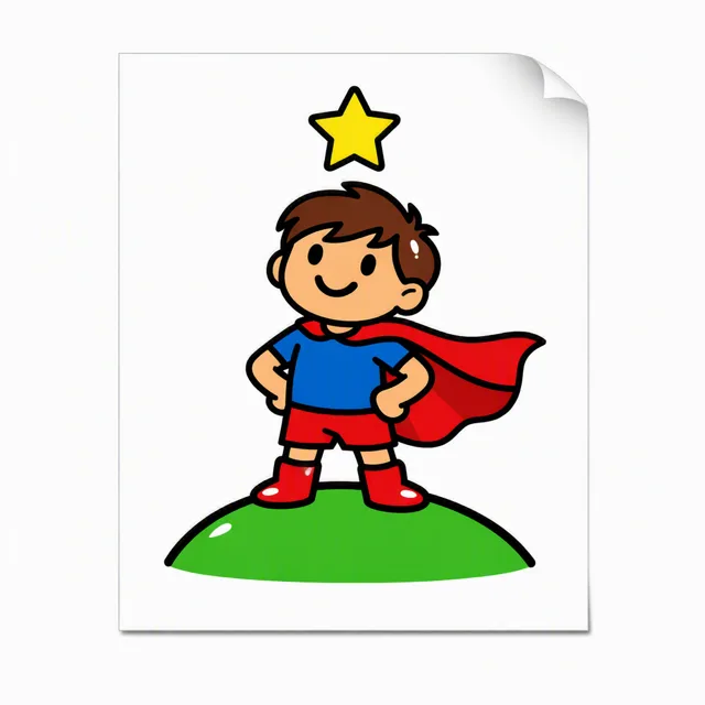 A single printed sheet with a curling corner showing a cartoon child in a red cape standing on a hill beneath a star