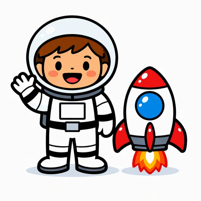 A cartoon child in a white spacesuit and round bubble helmet waving, with a small rocket behind them