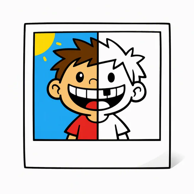 An instant photo of a grinning cartoon child with a single gap in their top teeth, half the picture in color and half as a plain black-outline page