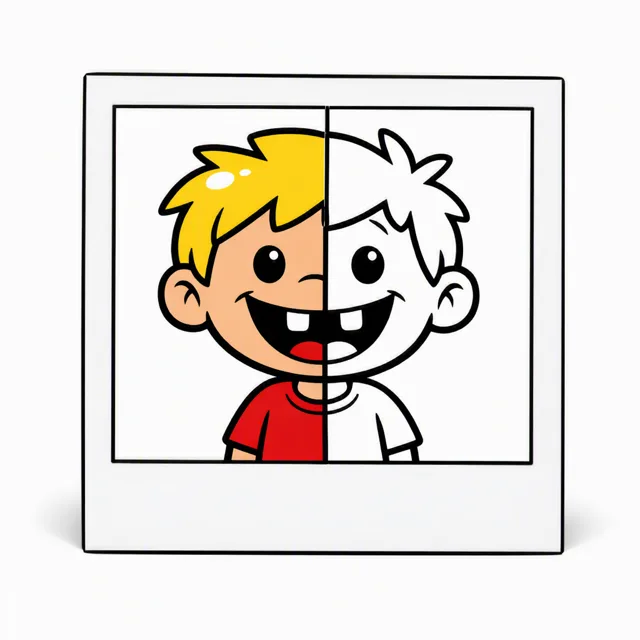 An instant photo of a grinning cartoon child missing one front tooth, half the picture in color and half as a plain black-outline coloring page