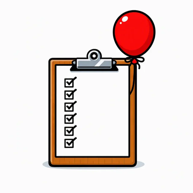 A wooden clipboard of ticked checklist boxes with a red balloon tied to the clip