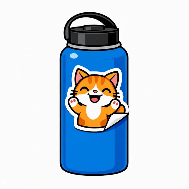 A die-cut sticker of a smiling cartoon cat, peeling up at one corner, stuck on a blue water bottle