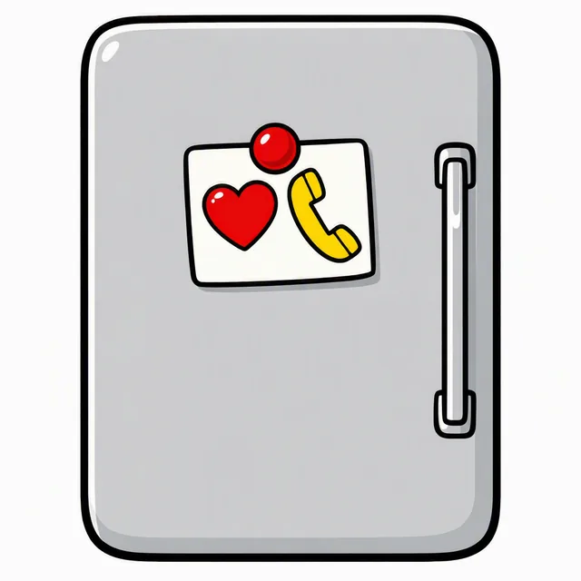 A card showing a red heart and a telephone handset, held to a fridge door by a round magnet