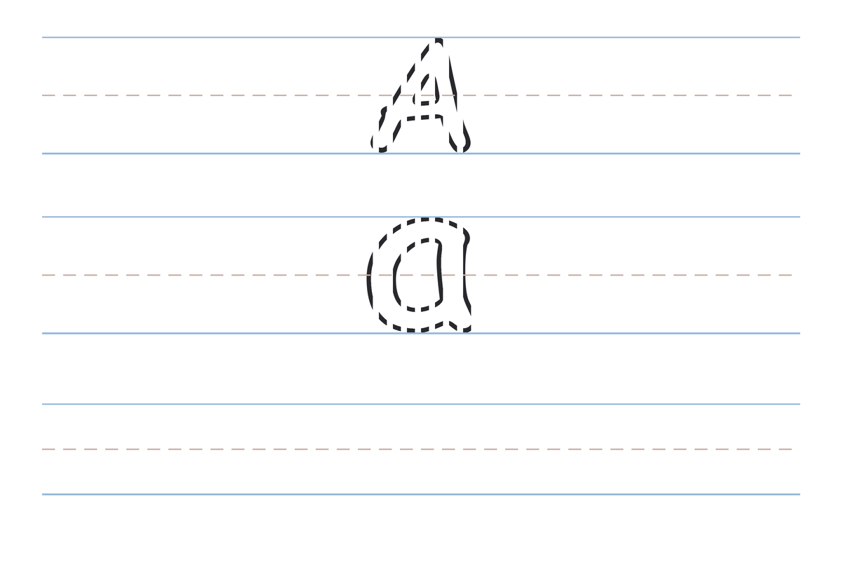 A free printable letter A tracing worksheet — the uppercase A and lowercase a in dotted guide letters on handwriting lines, with a blank practice row below