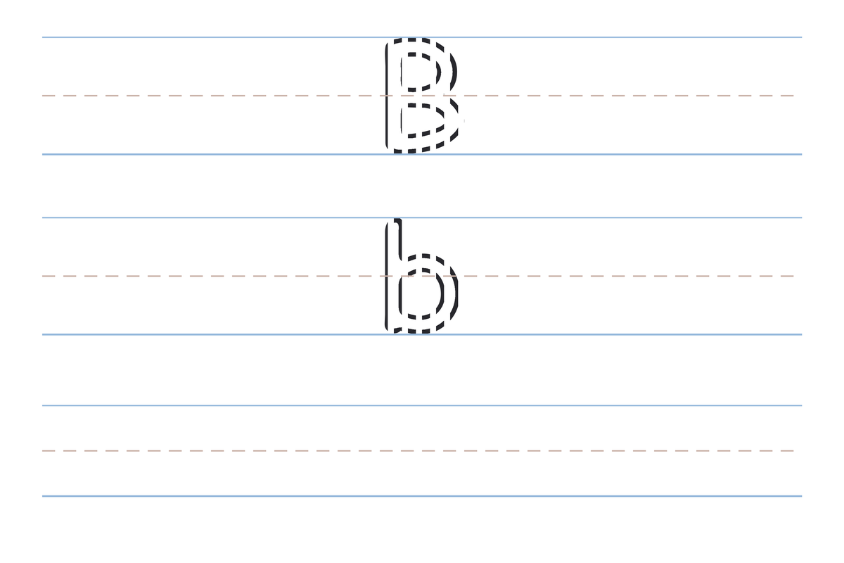 A free printable letter B tracing worksheet — the uppercase B and lowercase b in dotted guide letters on handwriting lines, with a blank practice row below