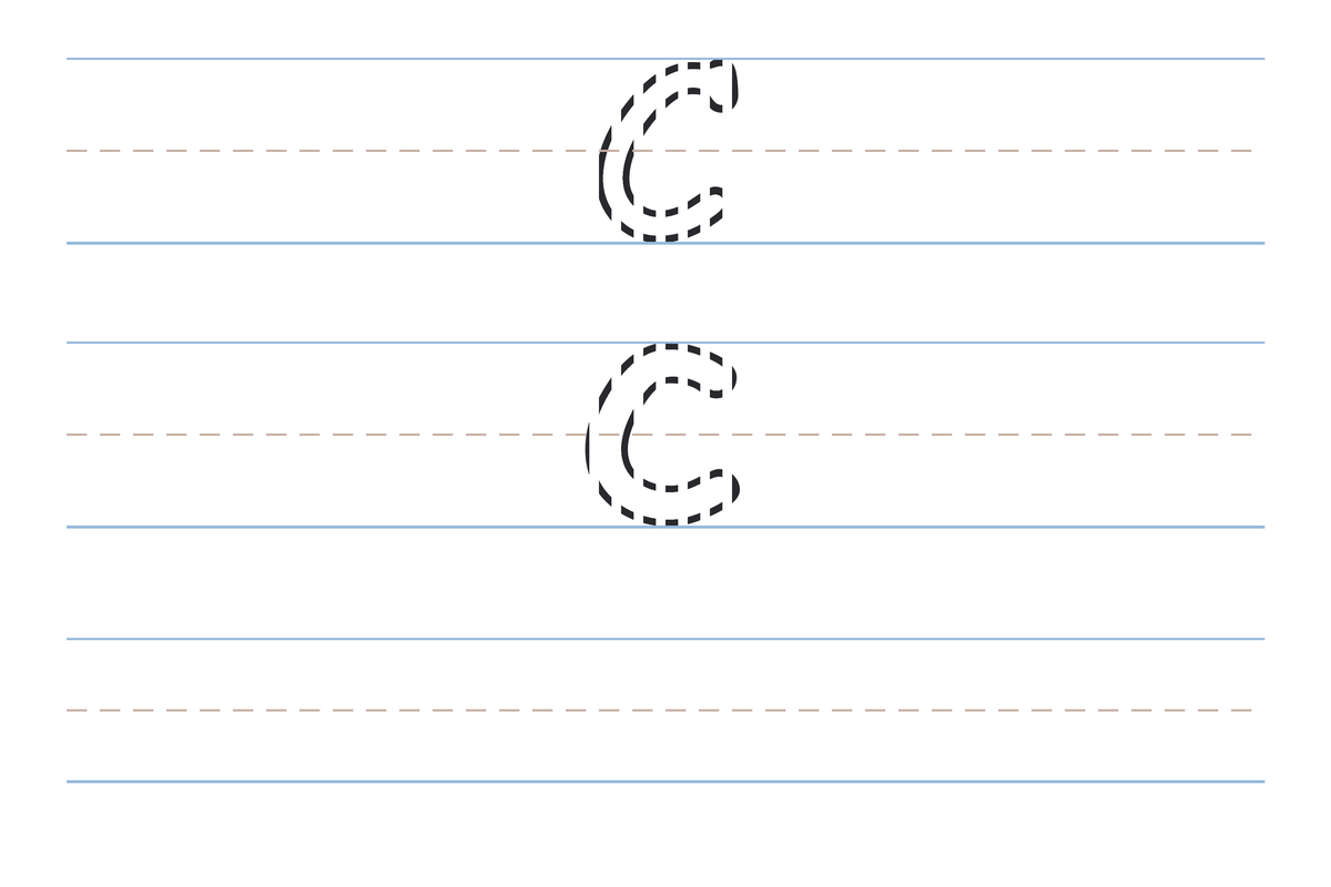 A free printable letter C tracing worksheet — the uppercase C and lowercase c in dotted guide letters on handwriting lines, with a blank practice row below