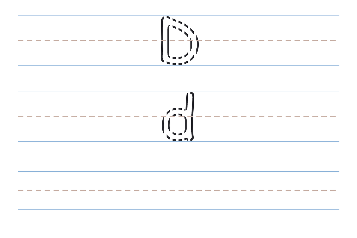 A free printable letter D tracing worksheet — the uppercase D and lowercase d in dotted guide letters on handwriting lines, with a blank practice row below
