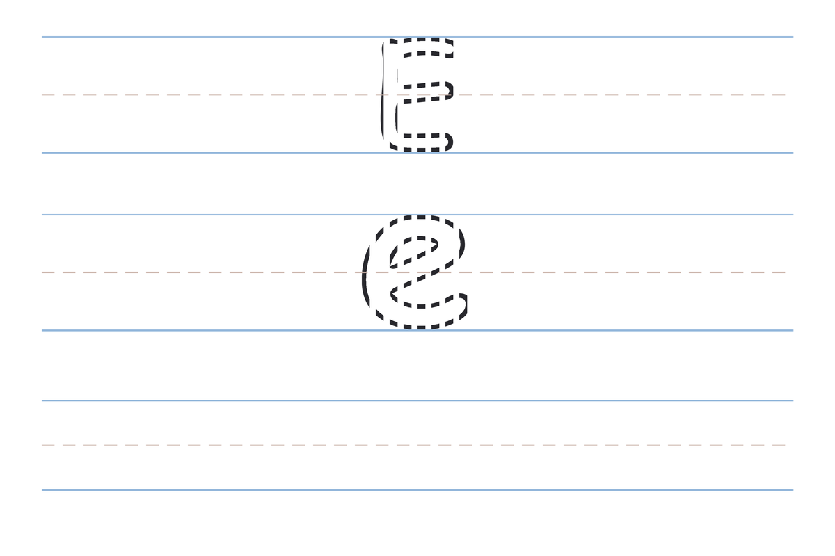 A free printable letter E tracing worksheet — the uppercase E and lowercase e in dotted guide letters on handwriting lines, with a blank practice row below
