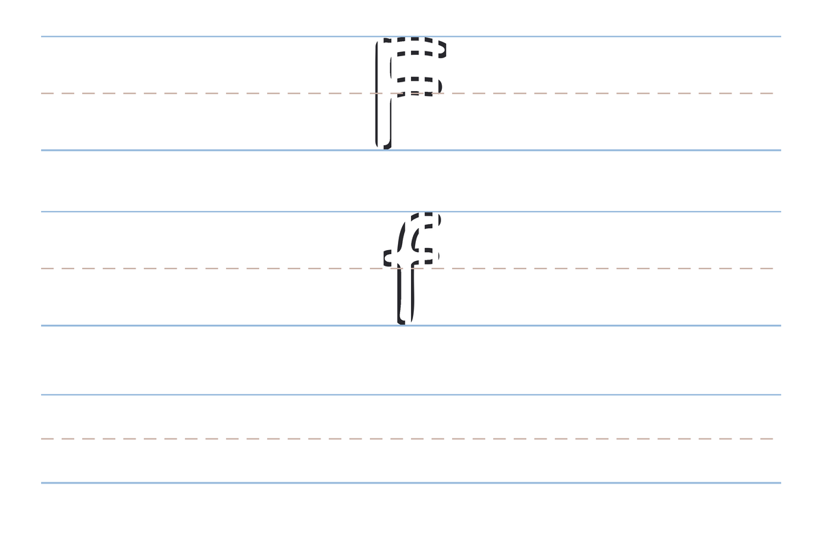 A free printable letter F tracing worksheet — the uppercase F and lowercase f in dotted guide letters on handwriting lines, with a blank practice row below