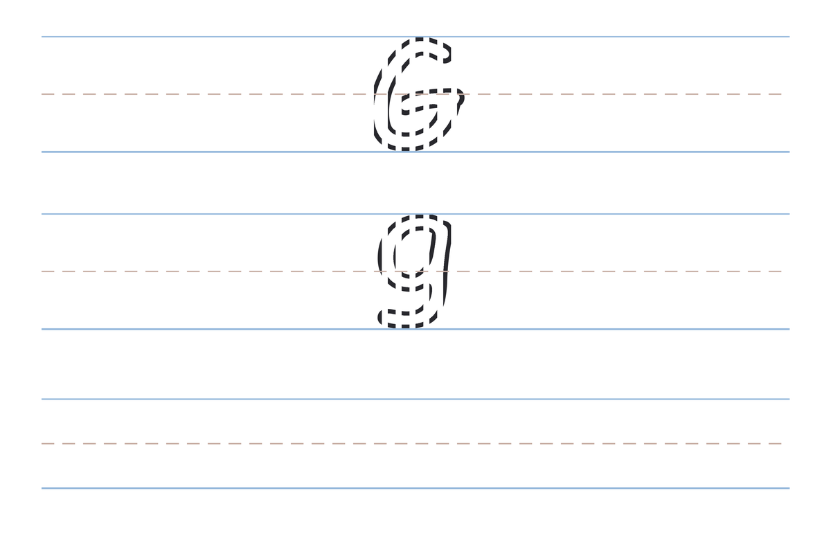 A free printable letter G tracing worksheet — the uppercase G and lowercase g in dotted guide letters on handwriting lines, with a blank practice row below