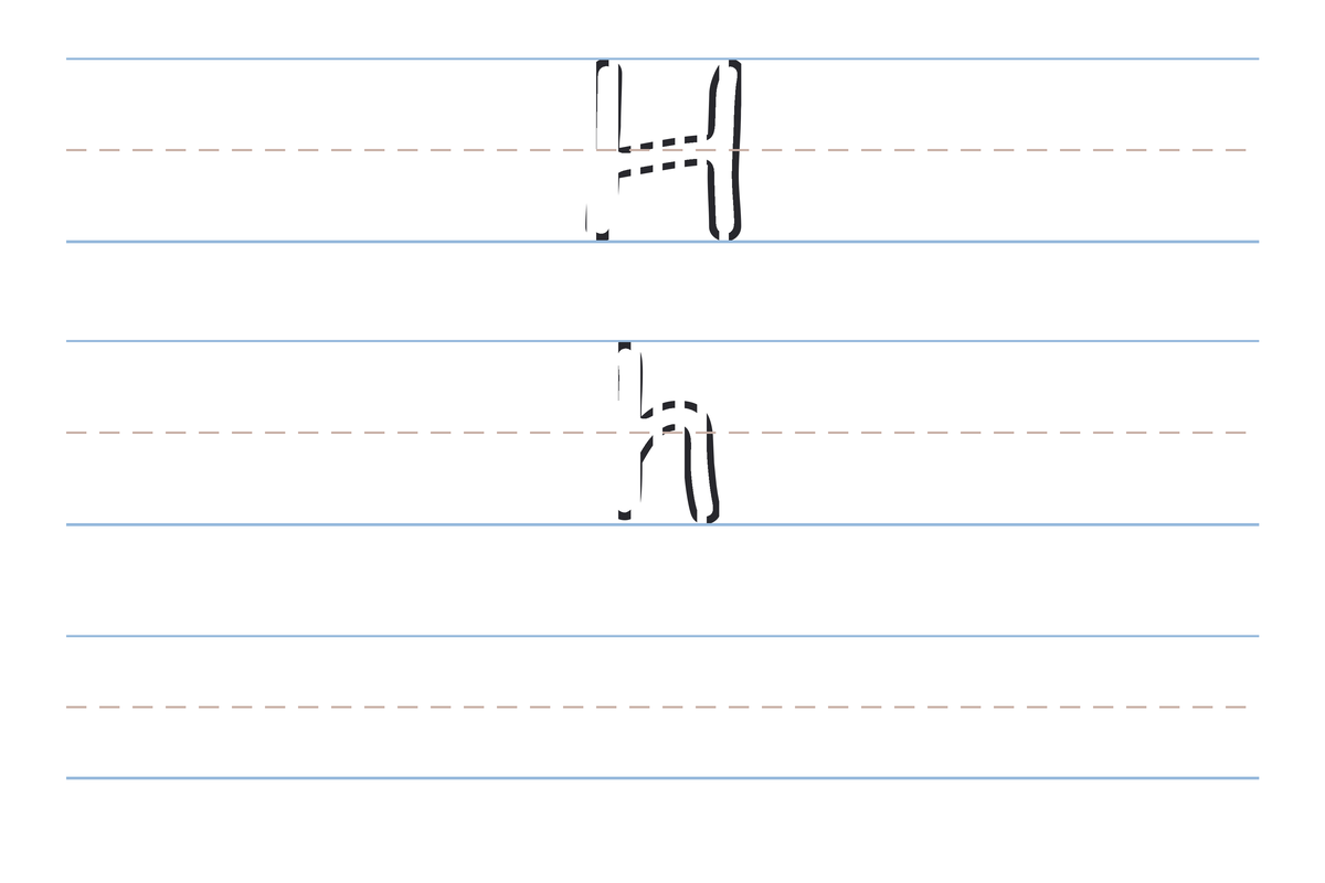 A free printable letter H tracing worksheet — the uppercase H and lowercase h in dotted guide letters on handwriting lines, with a blank practice row below