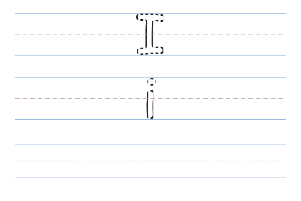 A free printable letter I tracing worksheet — the uppercase I and lowercase i in dotted guide letters on handwriting lines, with a blank practice row below