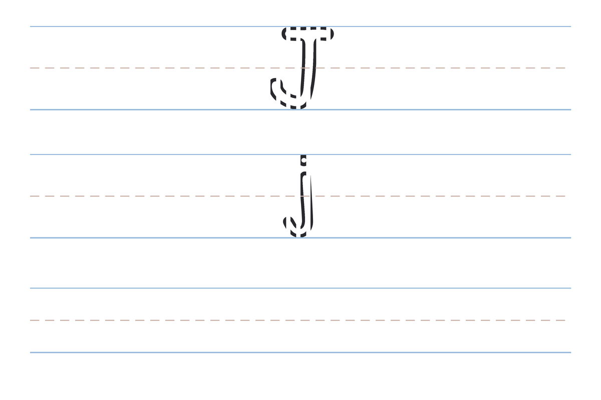 A free printable letter J tracing worksheet — the uppercase J and lowercase j in dotted guide letters on handwriting lines, with a blank practice row below