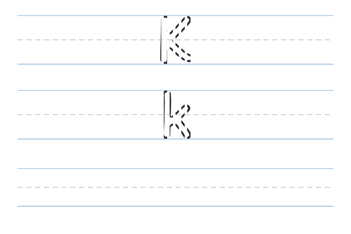 A free printable letter K tracing worksheet — the uppercase K and lowercase k in dotted guide letters on handwriting lines, with a blank practice row below