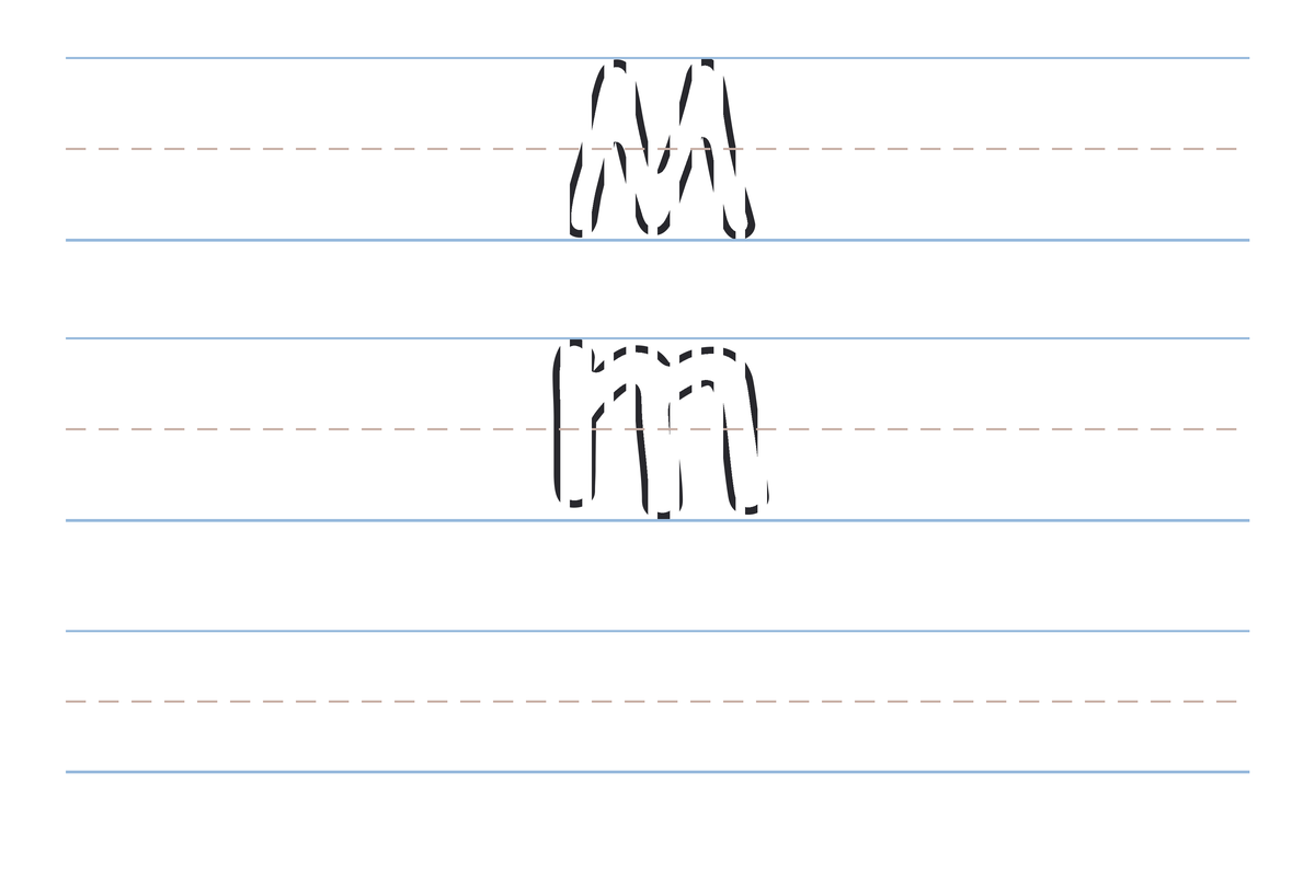 A free printable letter M tracing worksheet — the uppercase M and lowercase m in dotted guide letters on handwriting lines, with a blank practice row below