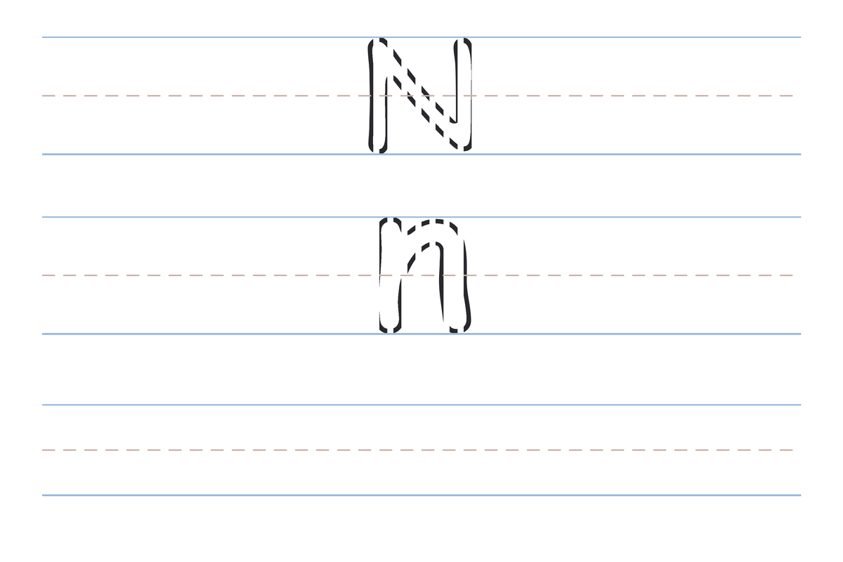 A free printable letter N tracing worksheet — the uppercase N and lowercase n in dotted guide letters on handwriting lines, with a blank practice row below