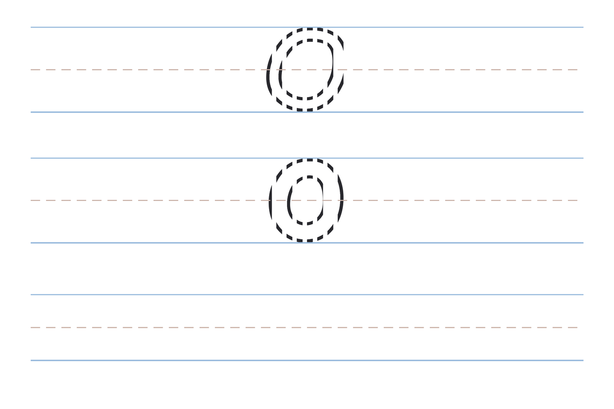 A free printable letter O tracing worksheet — the uppercase O and lowercase o in dotted guide letters on handwriting lines, with a blank practice row below
