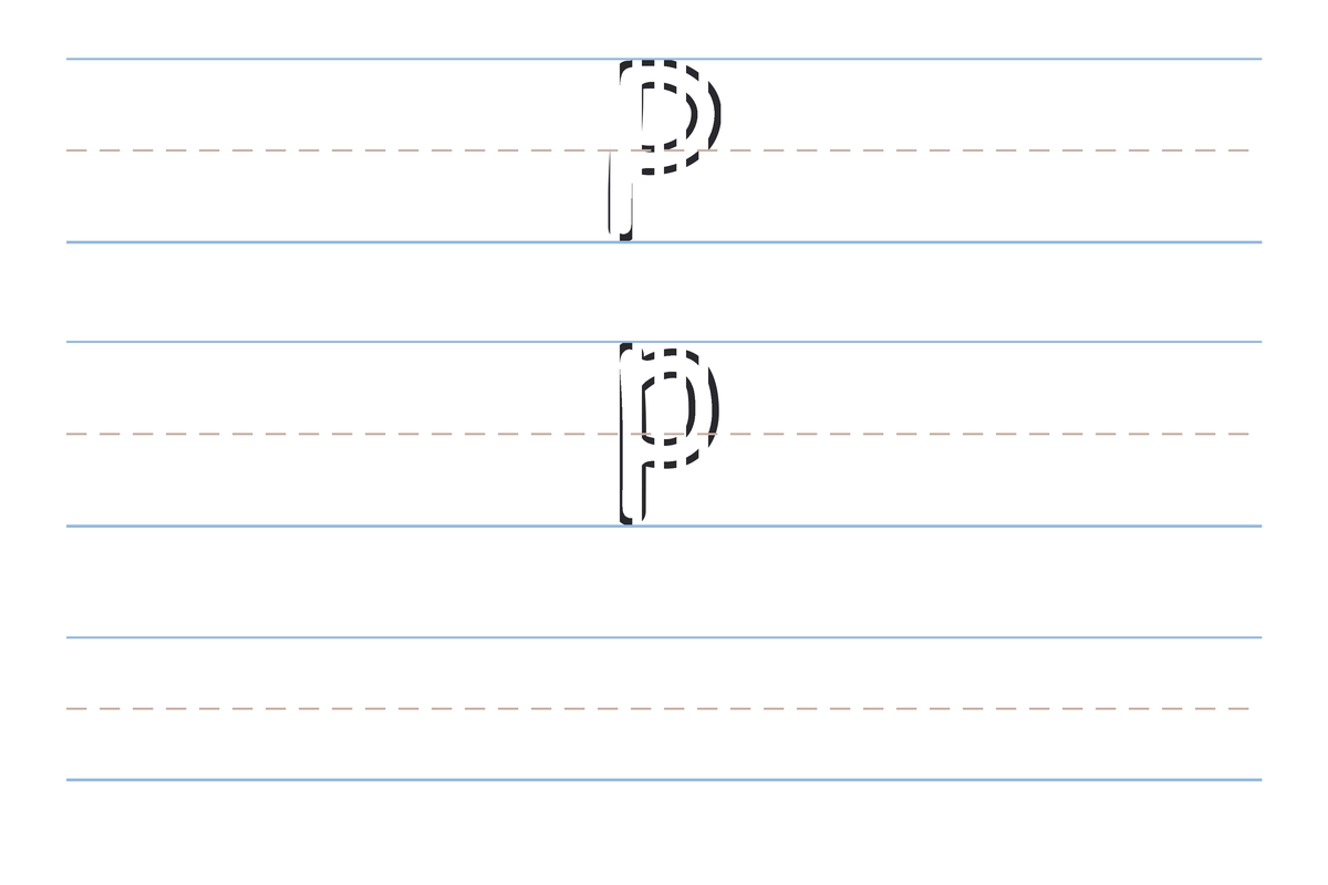 A free printable letter P tracing worksheet — the uppercase P and lowercase p in dotted guide letters on handwriting lines, with a blank practice row below