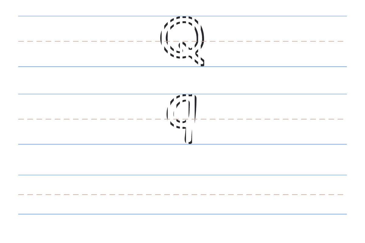 A free printable letter Q tracing worksheet — the uppercase Q and lowercase q in dotted guide letters on handwriting lines, with a blank practice row below