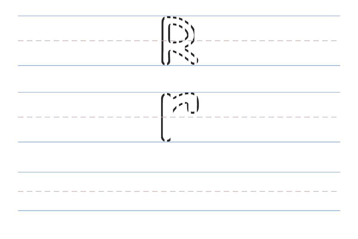 A free printable letter R tracing worksheet — the uppercase R and lowercase r in dotted guide letters on handwriting lines, with a blank practice row below