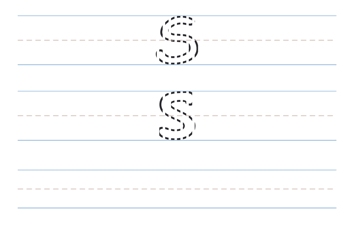 A free printable letter S tracing worksheet — the uppercase S and lowercase s in dotted guide letters on handwriting lines, with a blank practice row below