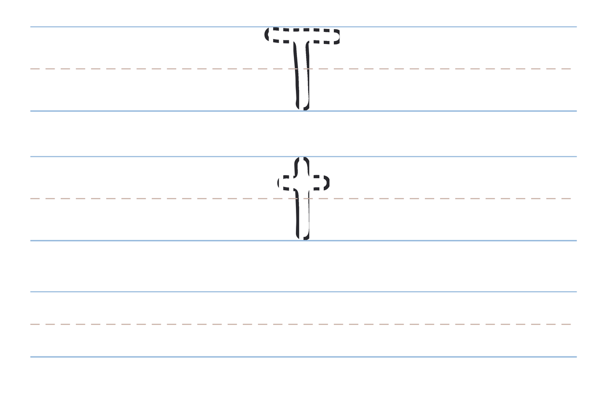 A free printable letter T tracing worksheet — the uppercase T and lowercase t in dotted guide letters on handwriting lines, with a blank practice row below