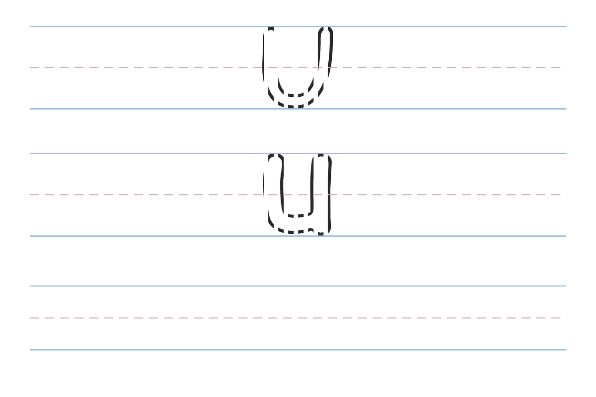 A free printable letter U tracing worksheet — the uppercase U and lowercase u in dotted guide letters on handwriting lines, with a blank practice row below