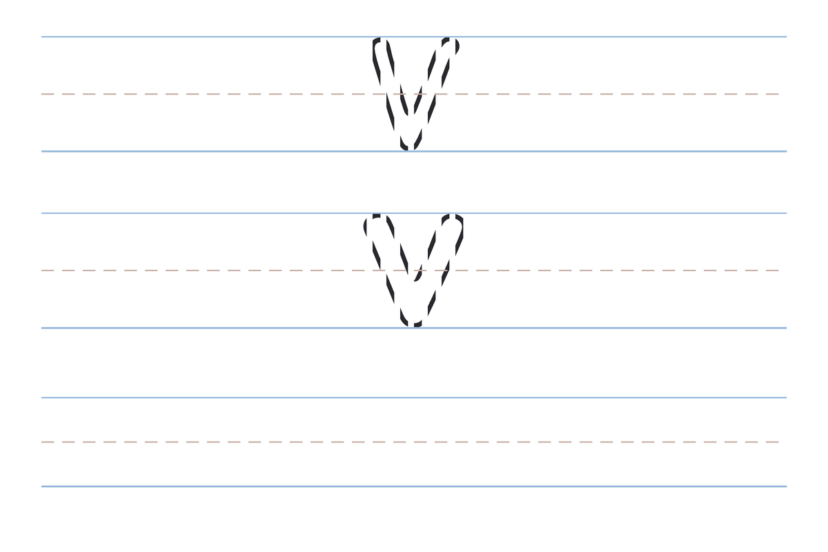 A free printable letter V tracing worksheet — the uppercase V and lowercase v in dotted guide letters on handwriting lines, with a blank practice row below