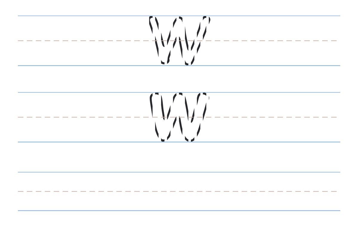 A free printable letter W tracing worksheet — the uppercase W and lowercase w in dotted guide letters on handwriting lines, with a blank practice row below