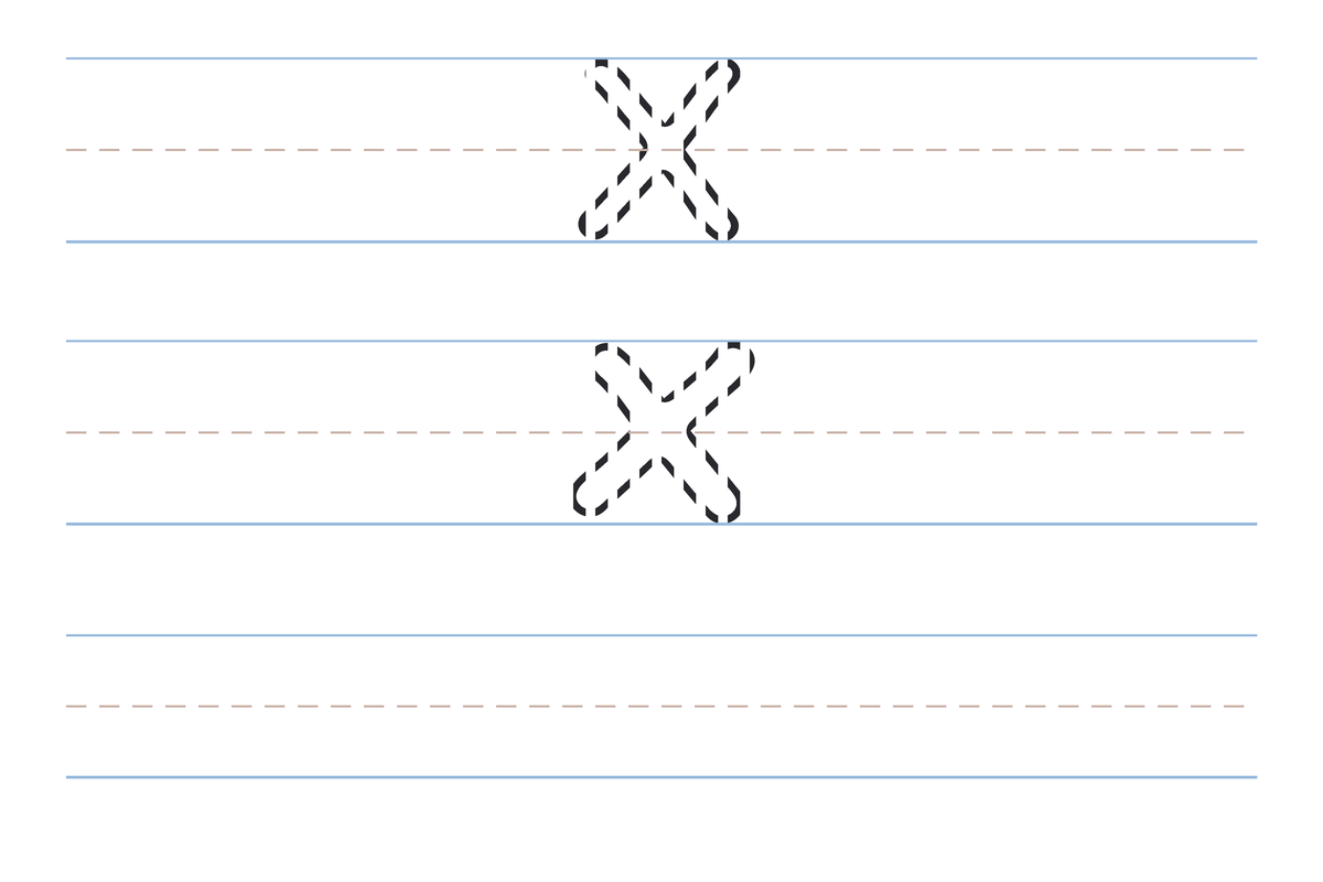 A free printable letter X tracing worksheet — the uppercase X and lowercase x in dotted guide letters on handwriting lines, with a blank practice row below