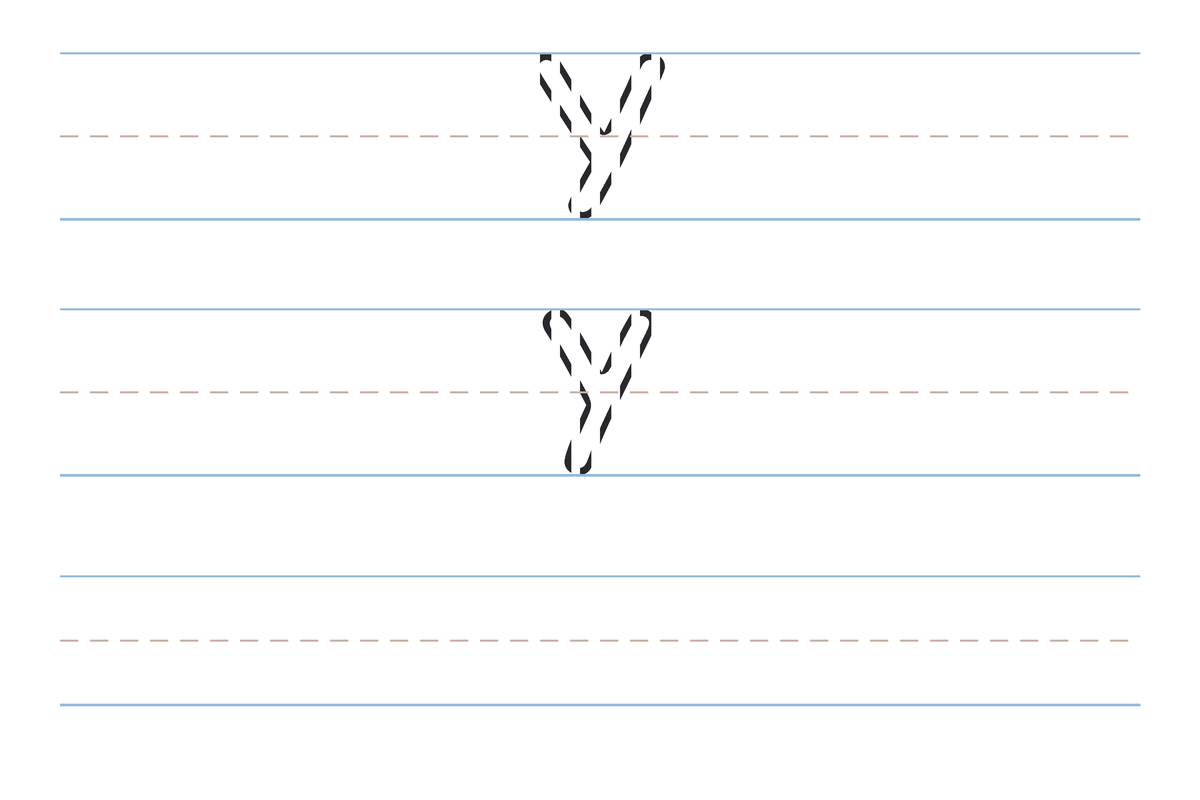 A free printable letter Y tracing worksheet — the uppercase Y and lowercase y in dotted guide letters on handwriting lines, with a blank practice row below
