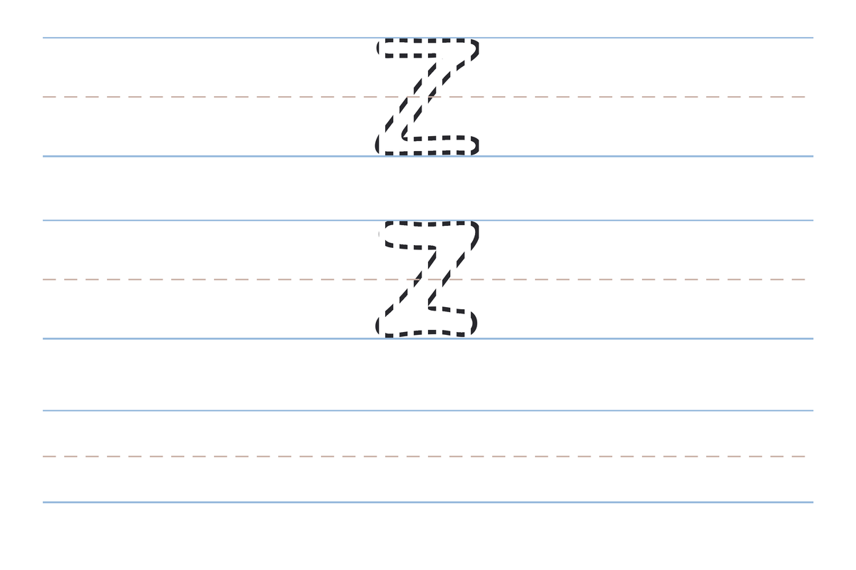 A free printable letter Z tracing worksheet — the uppercase Z and lowercase z in dotted guide letters on handwriting lines, with a blank practice row below
