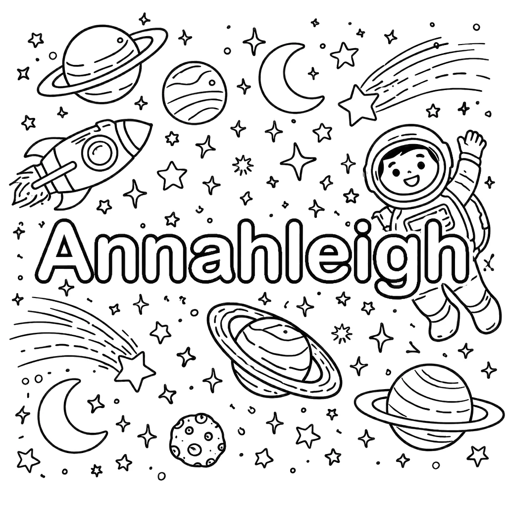 Annahleigh in outlined letters surrounded by rockets, planets and an astronaut