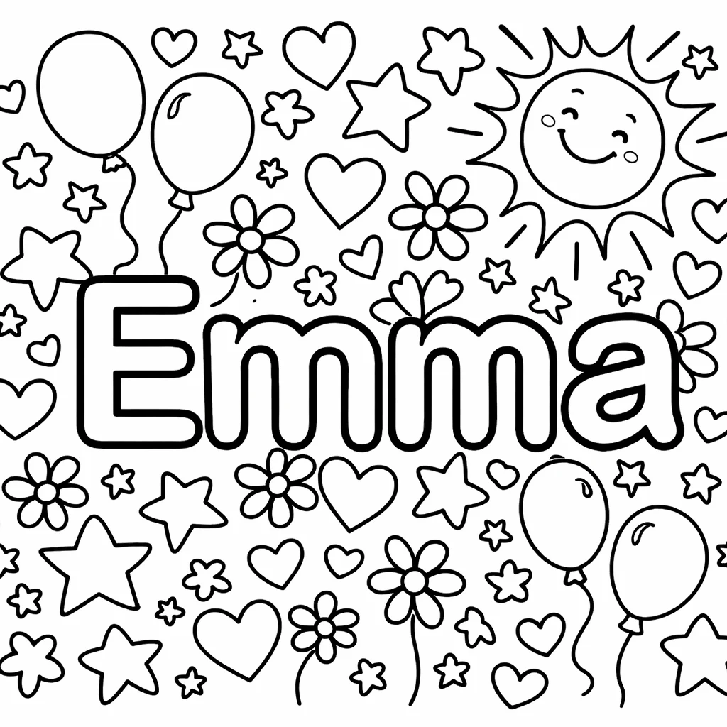 Emma in big outlined letters surrounded by flowers, balloons, hearts and stars