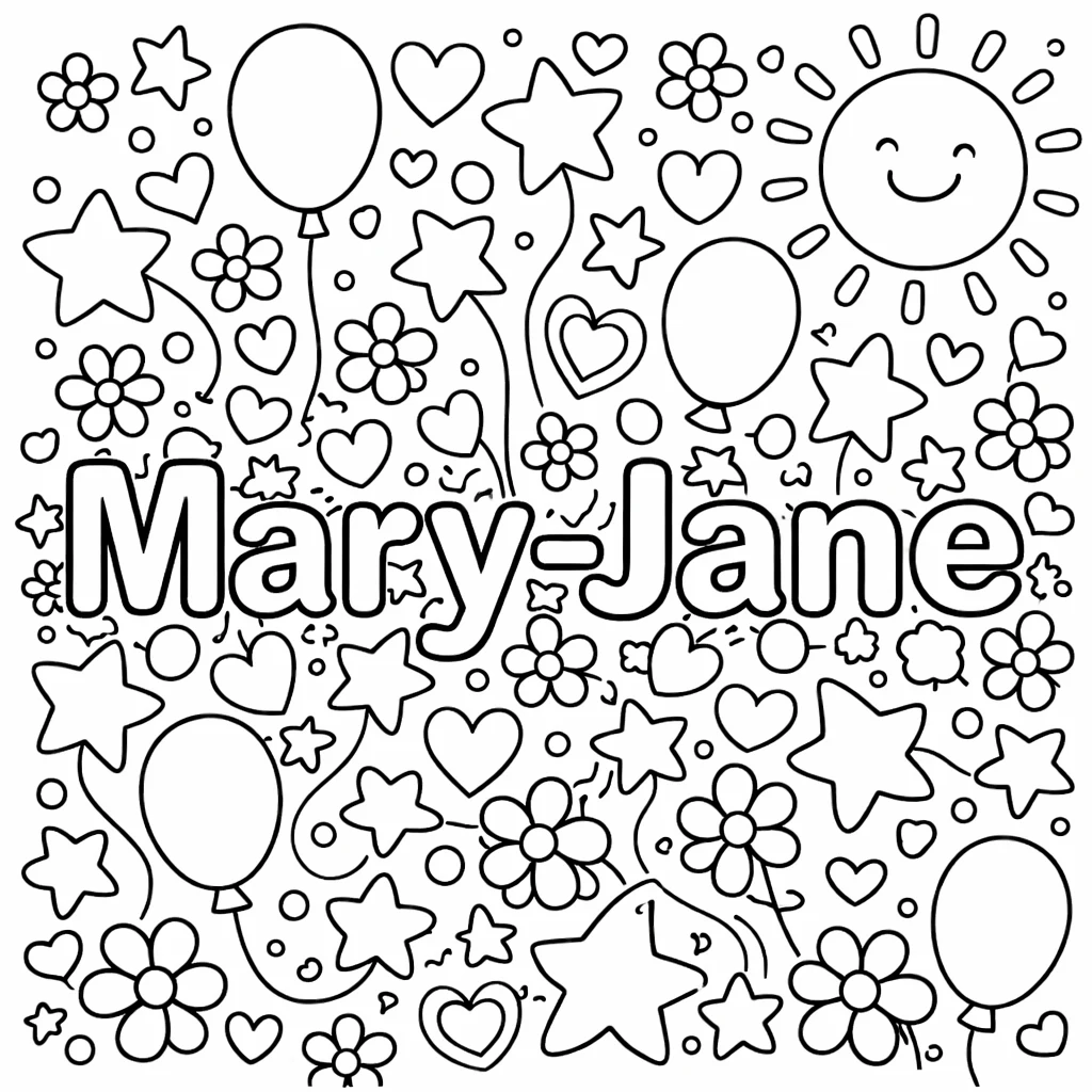 Mary-Jane in big outlined letters surrounded by cheerful doodles