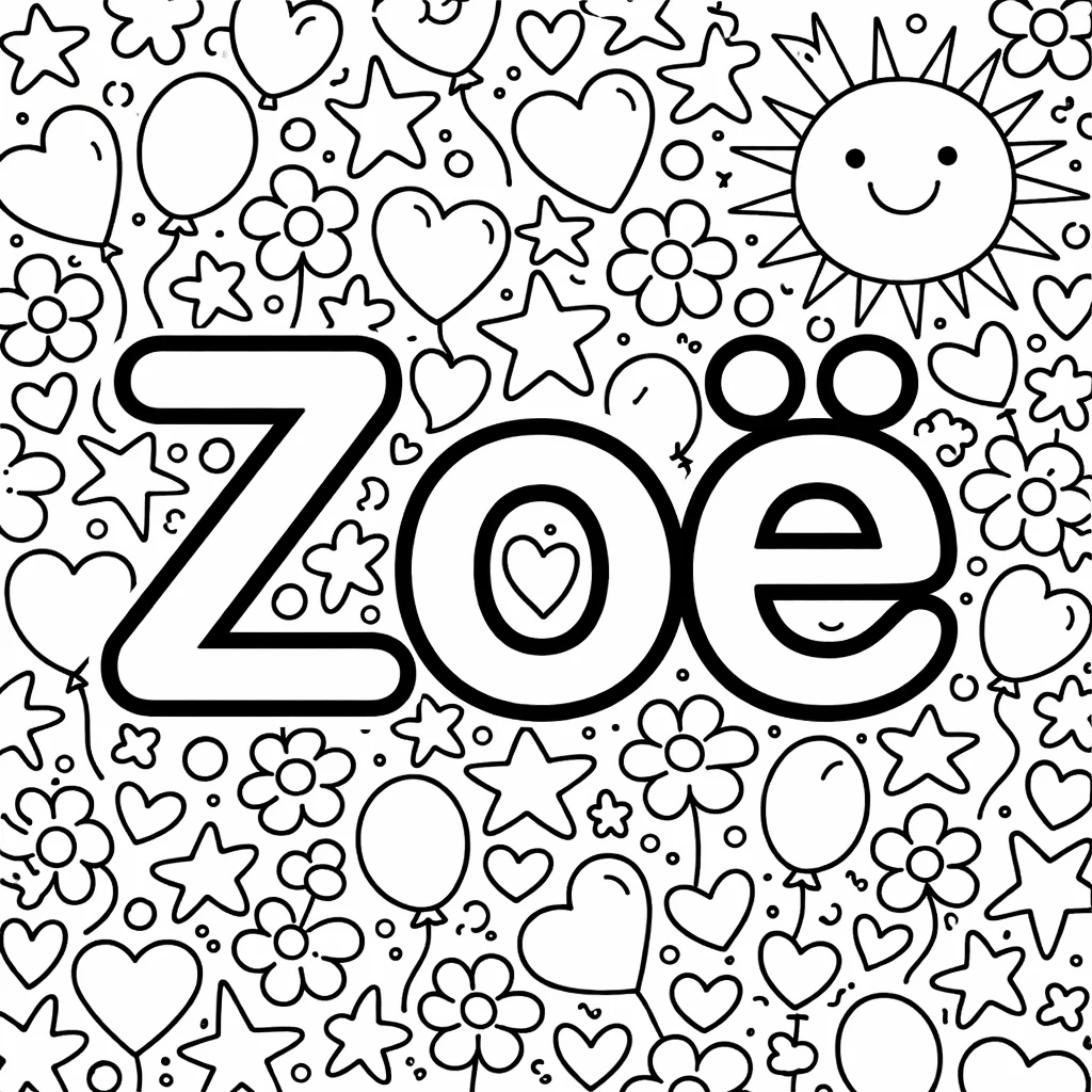 Zoe in big outlined letters surrounded by flowers, balloons and a smiling sun