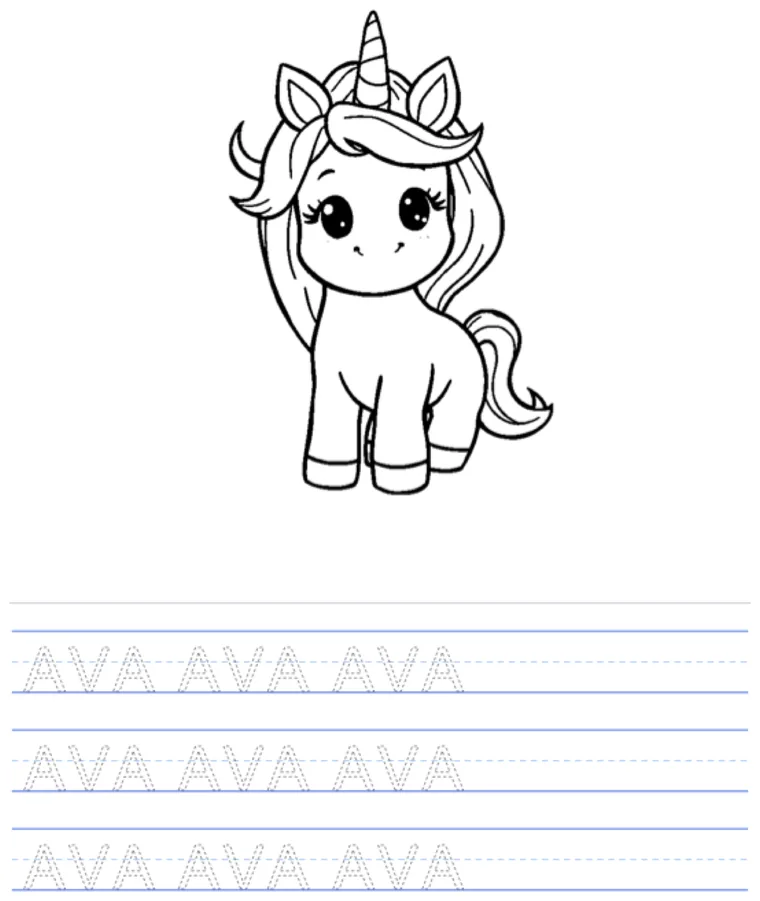 A printable name tracing worksheet: a unicorn to color, with the name Ava in dotted letters on handwriting lines