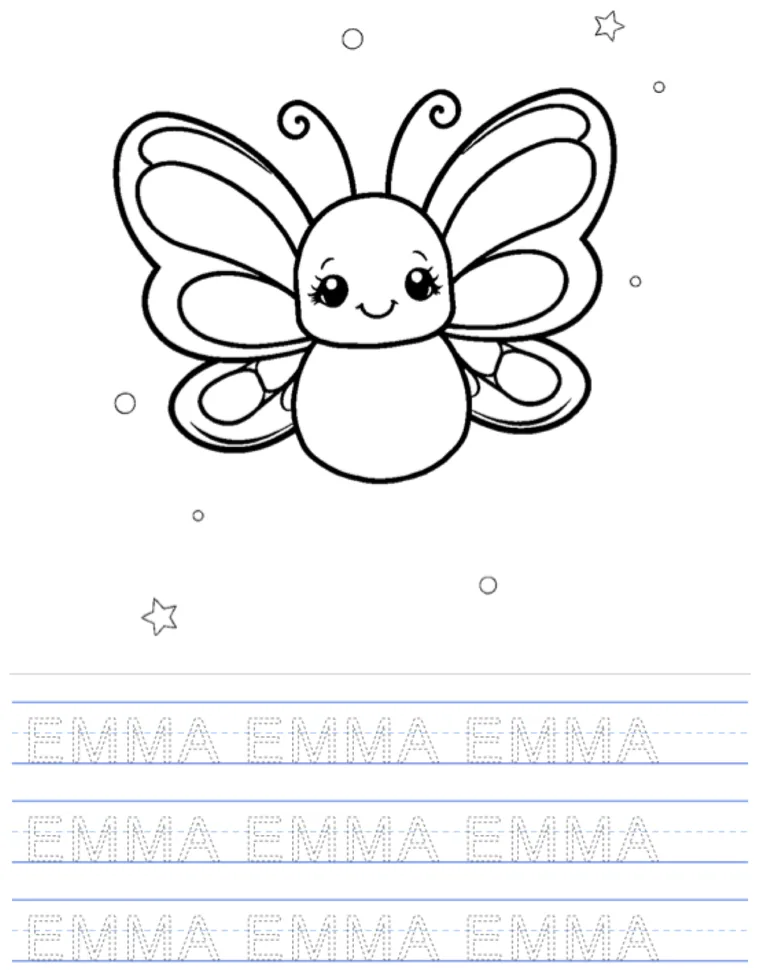 A printable name tracing worksheet: a butterfly to color, with the name Emma in dotted letters on handwriting lines