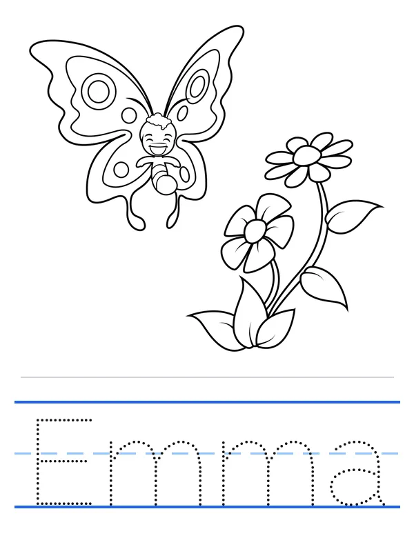 A name tracing worksheet: a butterfly to color, with the name Emma in bold dotted letters on ruled handwriting lines
