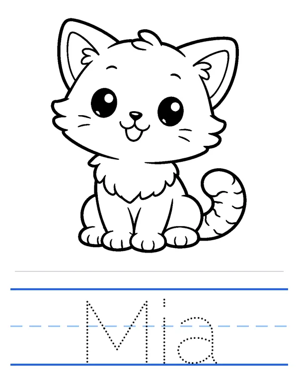 A name tracing worksheet: a cat to color, with the name Mia in bold dotted letters on ruled handwriting lines