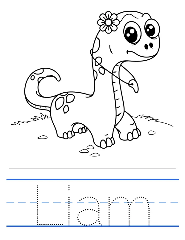 A name tracing worksheet: a dinosaur to color, with the name Liam in bold dotted letters on ruled handwriting lines