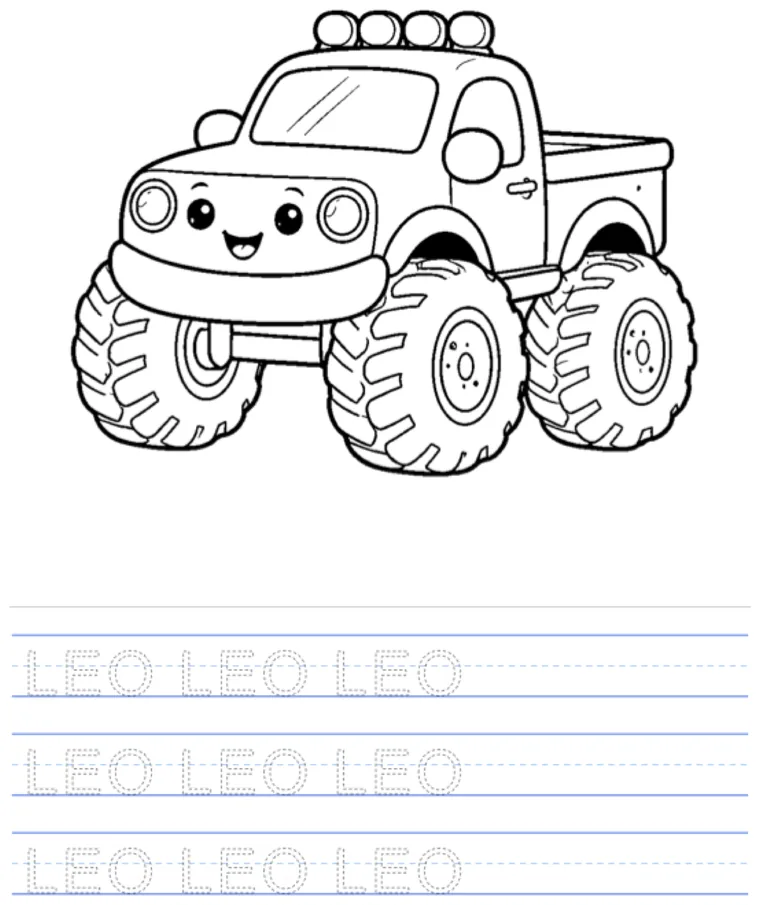 Name tracing worksheet: a monster truck to color, with the name Leo in dotted letters on handwriting lines.