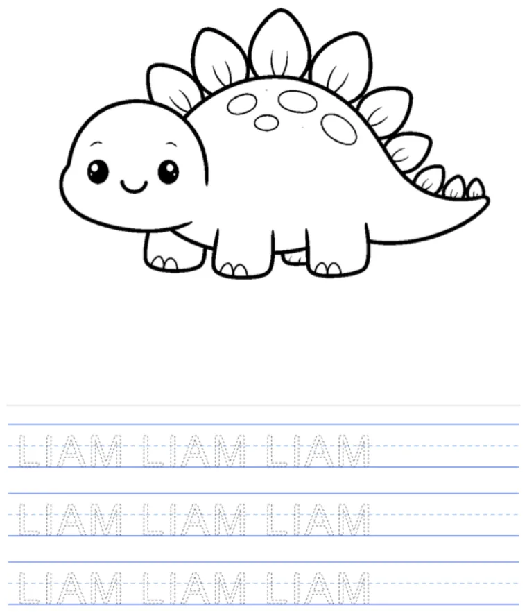A printable name tracing worksheet: a dinosaur to color, with the name Liam in dotted letters on handwriting lines