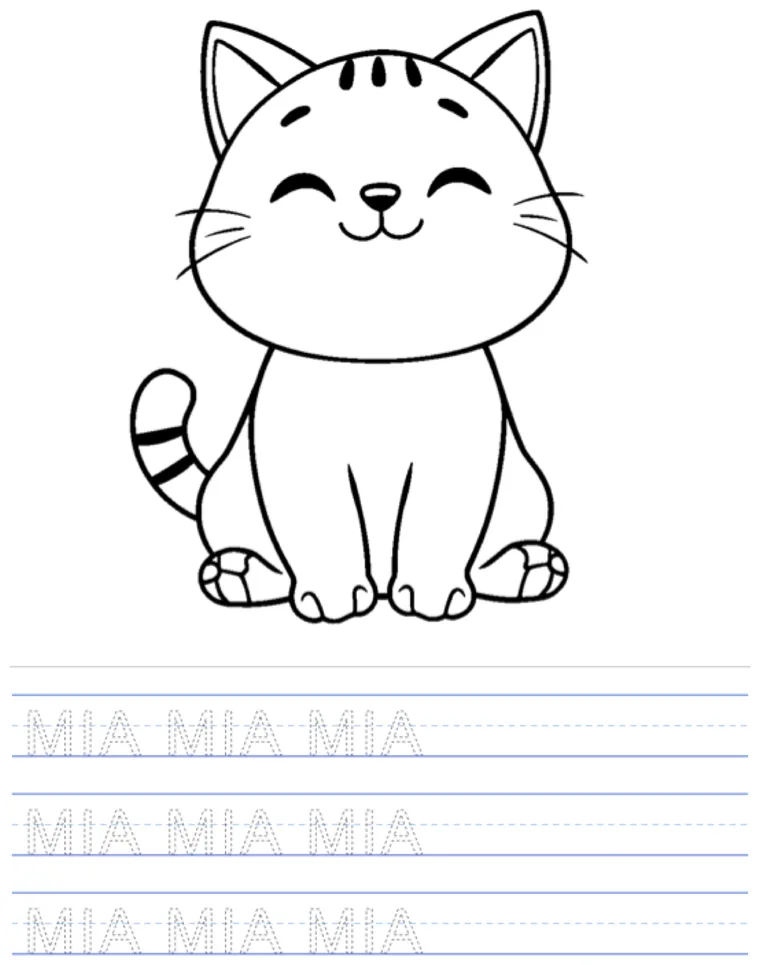 A printable name tracing worksheet: a cat to color, with the name Mia in dotted letters on handwriting lines
